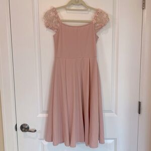 Elegant Girls Size 14 Pink / Dusty Rose Formal Dress with Floral Cap Sleeves